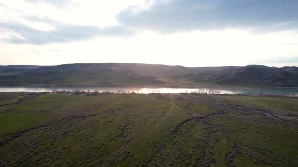 Aerial View Drone Shot River Ili Spring Steppe Subset Cloudy — Stock Video