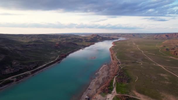 Aerial View Drone Shot River Ili Spring Steppe Subset Cloudy Stock Footage