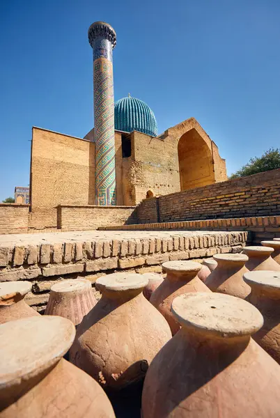 Exteriér Staré Budovy Gur Emir Mausoleum Minaretem Modrou Kopulí Tamerlane Stock Snímky