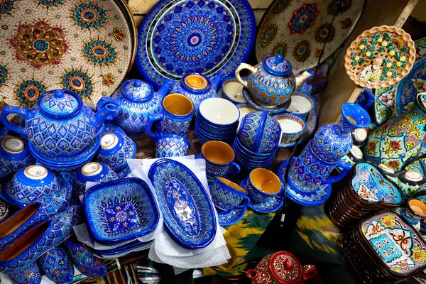 Decorative Blue Ceramic Plates Cups Pot Traditional Uzbekistan Ornament Shop Stock Image