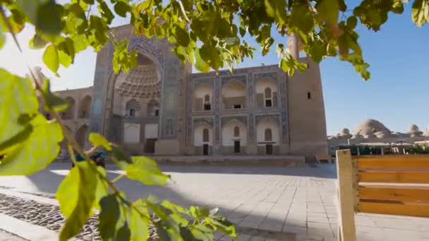 Bukhara Uzbekistan Wrzesień 2023 Miejscowi Jeżdżą Rowerem Naprzeciwko Madrasah Abdulaziz Filmiki Stockowe bez tantiem