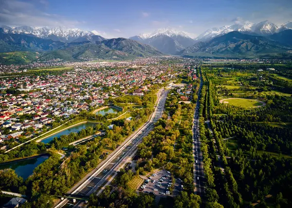 Aerial Drone View Panorama Big Almaty River Houses Scenery Snow Stock Photo