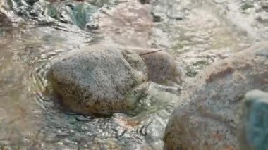 Orta Asya 'daki Tien Shan geçidinde güzel bir dağ nehri ve taş ağır çekimde akıyor.