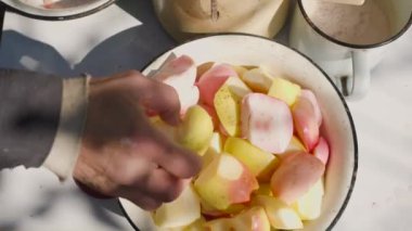 Erkek elleri bahçesindeki masada meyve sıkacağının içine elma koyar. Doğal elma suyu yapmak için yakın çekim..