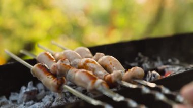 Barbeküdeki sosisler piknik bahçesinde duman ve alevlerle kaplıdır.