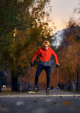 Man athlete training on the roller skaters with poles in helmet and red jacket. Concept of Simulates Nordic skiing for ski mountain disciplin clipart