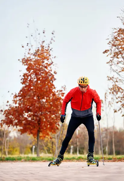 Sonbahar parkında kask ve kırmızı ceketli patenciler üzerinde antrenman yapan erkek sporcu. Kayak dağı disiplini için İskandinav kayak anlayışı