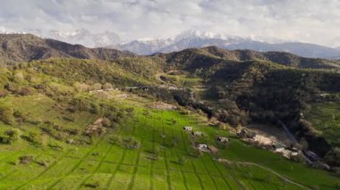 Dağ vadisi tarlasının hava aracı manzarası ilkbahar ağaçları ve Kazakistan yakınlarındaki köy manzarası.
