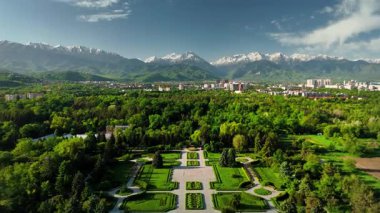 Kazakistan 'ın Almaty şehrinde mavi gökyüzü arka planında kar dağlarına karşı yeşil botanik parkı tepe manzaralı hava aracı manzarası