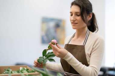 Çiçeklerle çalışan çiçekçi beste yapıyor.