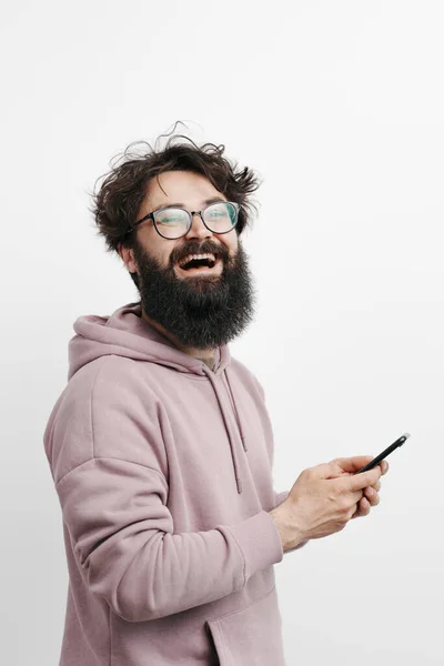 Handsome Young Man Using His Phone While Standing White Background — Stock Photo, Image