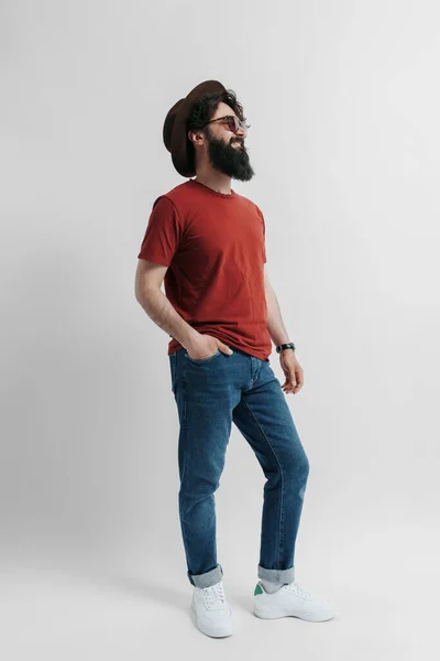 Full Length Photo Cheerful Bearded Man White Background Wearing Red — Stock Photo, Image