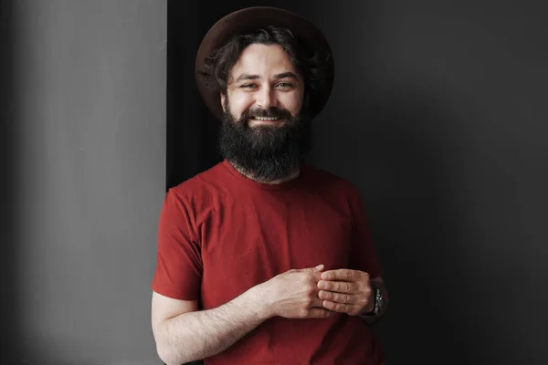 Handsome Stylish Man Beard Black Background Smiling Man Wearing Black — Stock Photo, Image