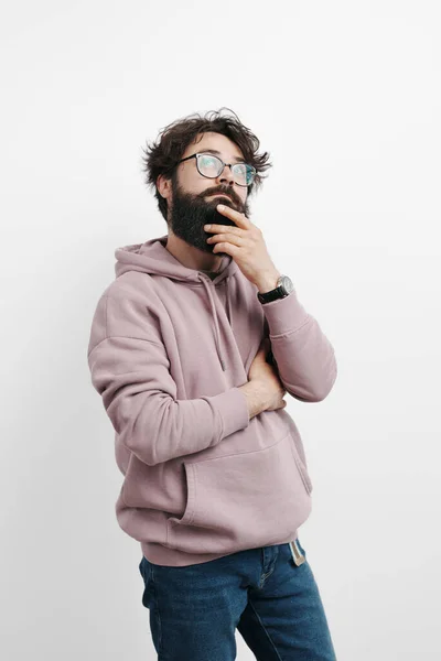 Handsome Man Beard Wearing Casual Pink Hoodie Glasses White Background — Stock Photo, Image