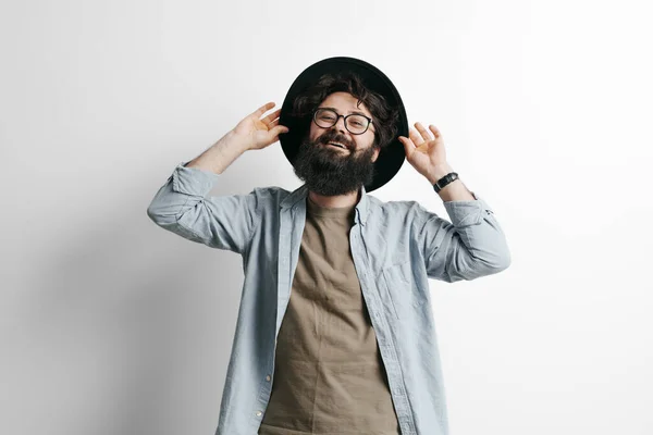 Handsome Stylish Man Beard White Background Smiling Man Wearing Black — Stock Photo, Image