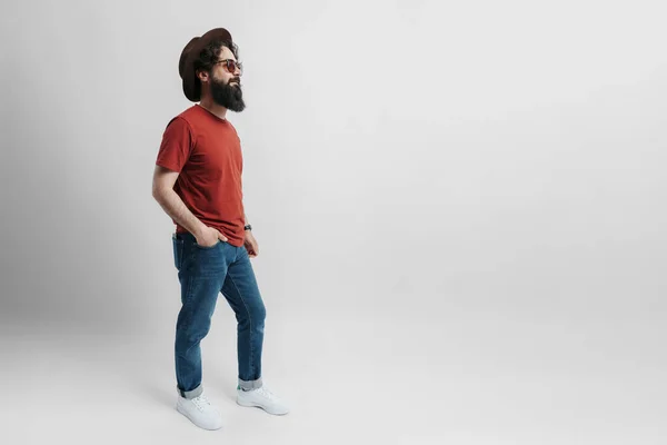 Full Length Photo Cheerful Bearded Man White Background Wearing Red — Stock Photo, Image