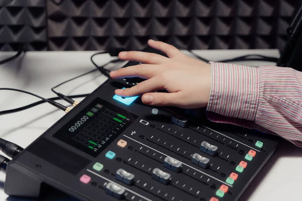 Crop Woman Adjusting Controls Mixing Console While Sitting Table Recording — Foto de Stock