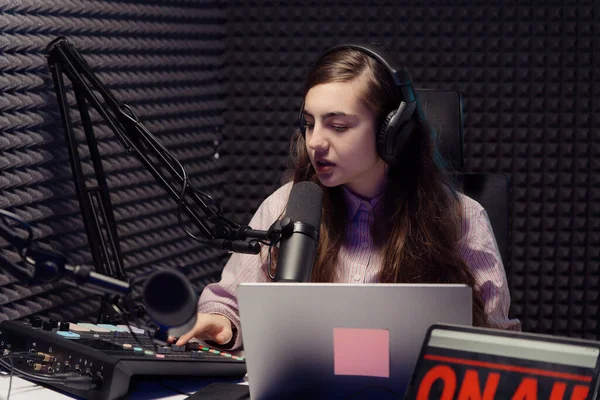 Young Woman Headphones Using Mixing Console Speaking Microphone Radio Program — Stockfoto