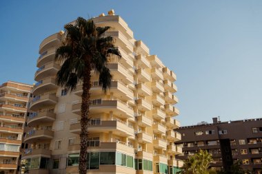 Modern apartman binaları Akdeniz güneşinin sıcacık parıltısıyla güneşlenirken, bir palmiye ağacı tarafından çevrelenir.