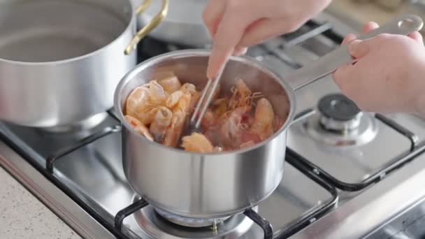 Persona Che Cucina Gamberetti Una Pentola Una Stufa Gas Attenzione — Video Stock