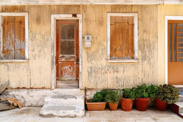 Kapısı ve kepenkleri soyulmuş eski bir kır evi ve kapı eşiğinde yeşil bitkiler..