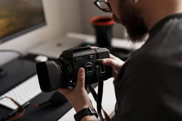 Close Photographers Hands Adjusting Medium Format Camera Highlighting Intricate Details Stock Image