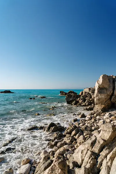 Serene Rocky Beach Clear Turquoise Waters Bright Sunny Day Conveying Stock Picture
