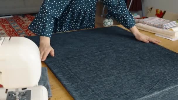 Overhead View Woman Polka Dot Blouse Preparing Denim Fabric Table — Stock Video