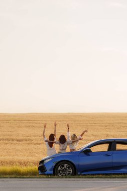 Bir grup neşeli arkadaş, gün batımında mavi bir araba ve buğday tarlasının yanında özgürlüğünü kutluyorlar..