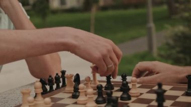 Parktaki bankta satranç oynayan iki arkadaş. Birlikte geçirdikleri zamanın ve güzel havanın tadını çıkarıyorlar. Satranç tahtası odaklanmış ve taşlar düzgün hareket ediyor.