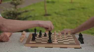 İki arkadaş park masasında satranç oynuyor. Havanın ve yarışmanın tadını çıkarıyorlar..