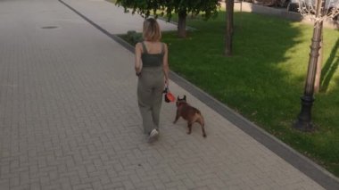 Genç bir kadın, ağaçlarla kaplı bir parkta Fransız Bulldog 'unu gezdirerek güneşli bir günün tadını çıkarıyor. Bu güzel yaz günü en iyi arkadaşınla yürümek için mükemmel..