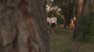 Genç bir çift el ele tutuşup ağaçların arasındaki parkta yürüyor. Yumuşak altın güneş ışığıyla romantik bir yaz akşamı.