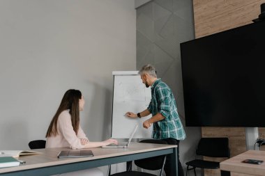 Yaratıcı bir ofis toplantısı sırasında veri bilgilerini tartışan profesyonel meslektaşlar.