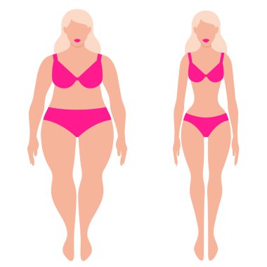 Beyaz arka planda izole edilmiş pembe bikinili şişman ve ince Barbie bebekler.