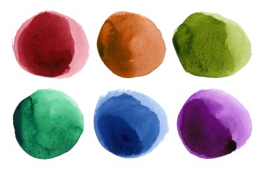 Yuvarlak gökkuşağı suluboya çerçeve seti, beyaz arkaplanda izole edilmiş daire şekli. El yapımı teknik.