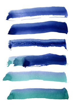 Parlak mavi suluboya şeritler. Beyaz arkaplanda el çizimi ögeler izole.