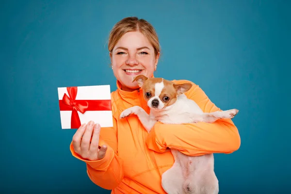 チワワ犬とオレンジのTシャツで幸せな若い女性は青の背景に隔離された贈り物証明書を保持しています 人々のライフスタイルの休日のコンセプト ストックフォト