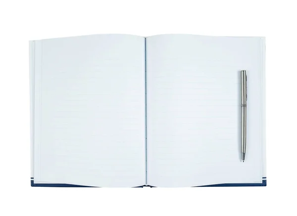 Σημειωματάριο Ανοίξει Κενή Σελίδα Και Απομονώσει Στυλό Λευκό — Φωτογραφία Αρχείου