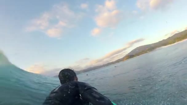 Riding Perfect Wave Barrel Bodyboard View Tube Action Camera — Stock Video