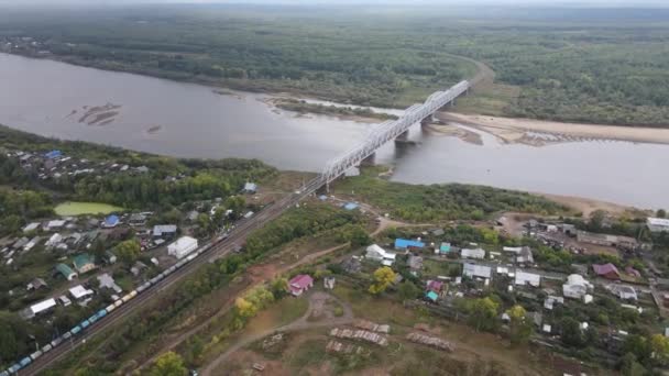 Aerial View River Railroad Bridge Leading Green Valley Kotelnich Kirov — Stock Video