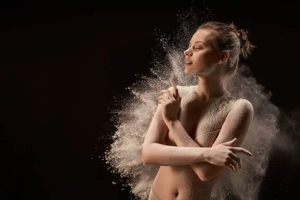 Topless Young Woman Touching Her Breast Closed Eyes Dust Cloud Stock Photo