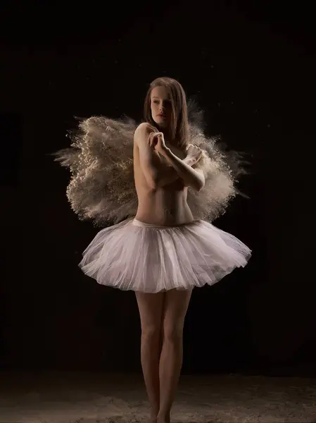 Topless Female Ballet Skirt Looking Away While Covering Bare Breasts Stock Fotografie