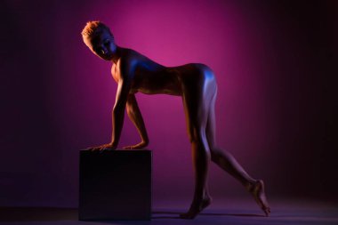 Vücut tarafı, yüksek topuklu ayakkabı giyen, parmak uçlarında duran ve pembe arka planda kameraya bakan genç bir kadın.