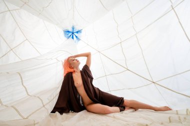 Bu resim, beyaz bir çarşafın üzerinde pembe saçlı, kısmen kahverengi bir şalla kaplı, mavi desenli büyük beyaz bir gölgeliğin altında yatan genç bir kadını gösteriyor. Kafasını koluna dayayıp bakıyor.