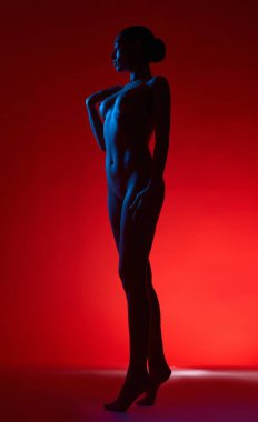 Kırmızı arka planda duran ve başka tarafa bakan üstsüz kadının tüm vücudu.