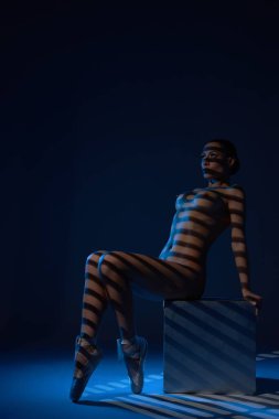 Fıstık gibi çekici bir balerin. Sivri uçlu ayakkabılar içinde, üzerinde jaluzinin gölgesi olan çıplak bir beden. Küp üzerinde oturuyor.