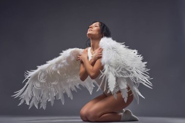 Tüylü kanatlı güzel beyaz melek başını göğe kaldırıp omuzlarına sarılıyor ve gözleri gri arka planda kapalı.