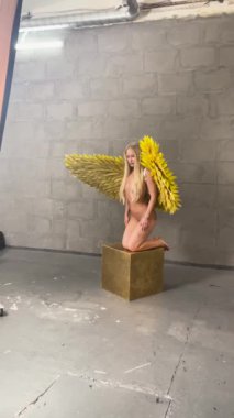 Bir kadın büyüleyici vücut sanatını canlı bir stüdyoda çarpıcı kanatlarla sergiliyor..