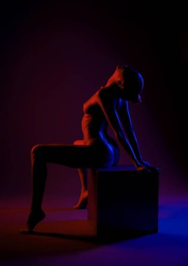 Bir kadın bir kutunun üzerinde poz veriyor, silueti parlak kırmızı ve mavi ışıklarla işaretlenmiş, karanlık bir ortamda..